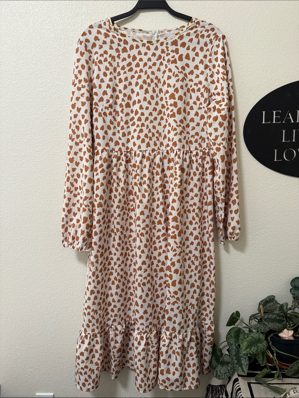 Women's Cream Dress with Brown Spot Print - Long Sleeve Tiered Midi